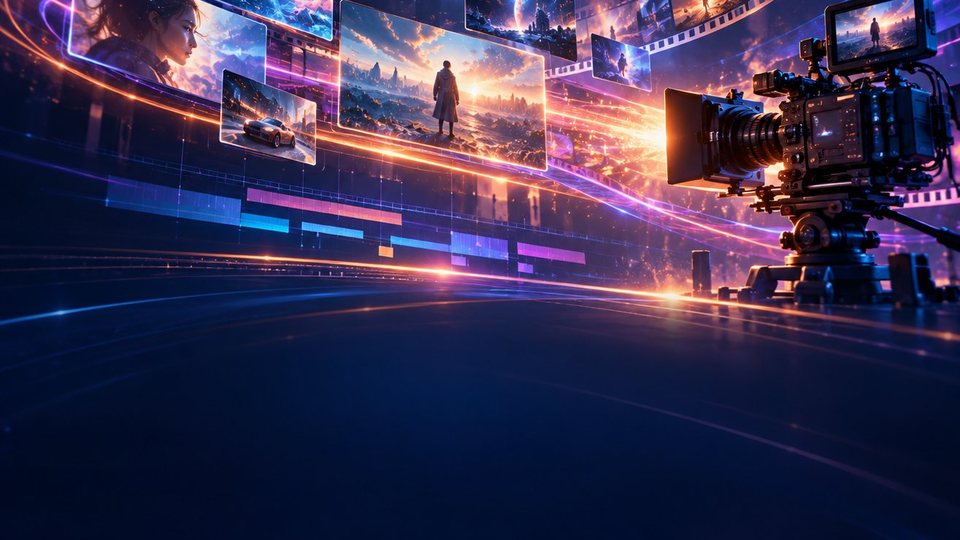 AI 数字影视 · 摄影机与胶片分镜构成的影视制作场景