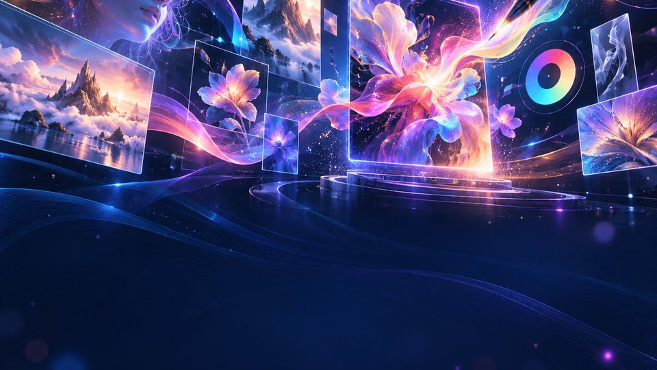 AI 视觉创作 · 悬浮画框与调色环构成的生成式视觉创作场景